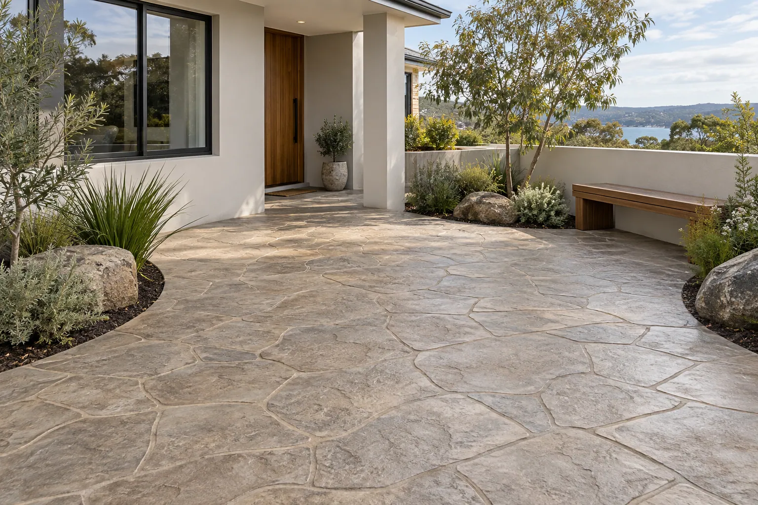 Stone-pattern stamped concrete courtyard with a timber garden bench