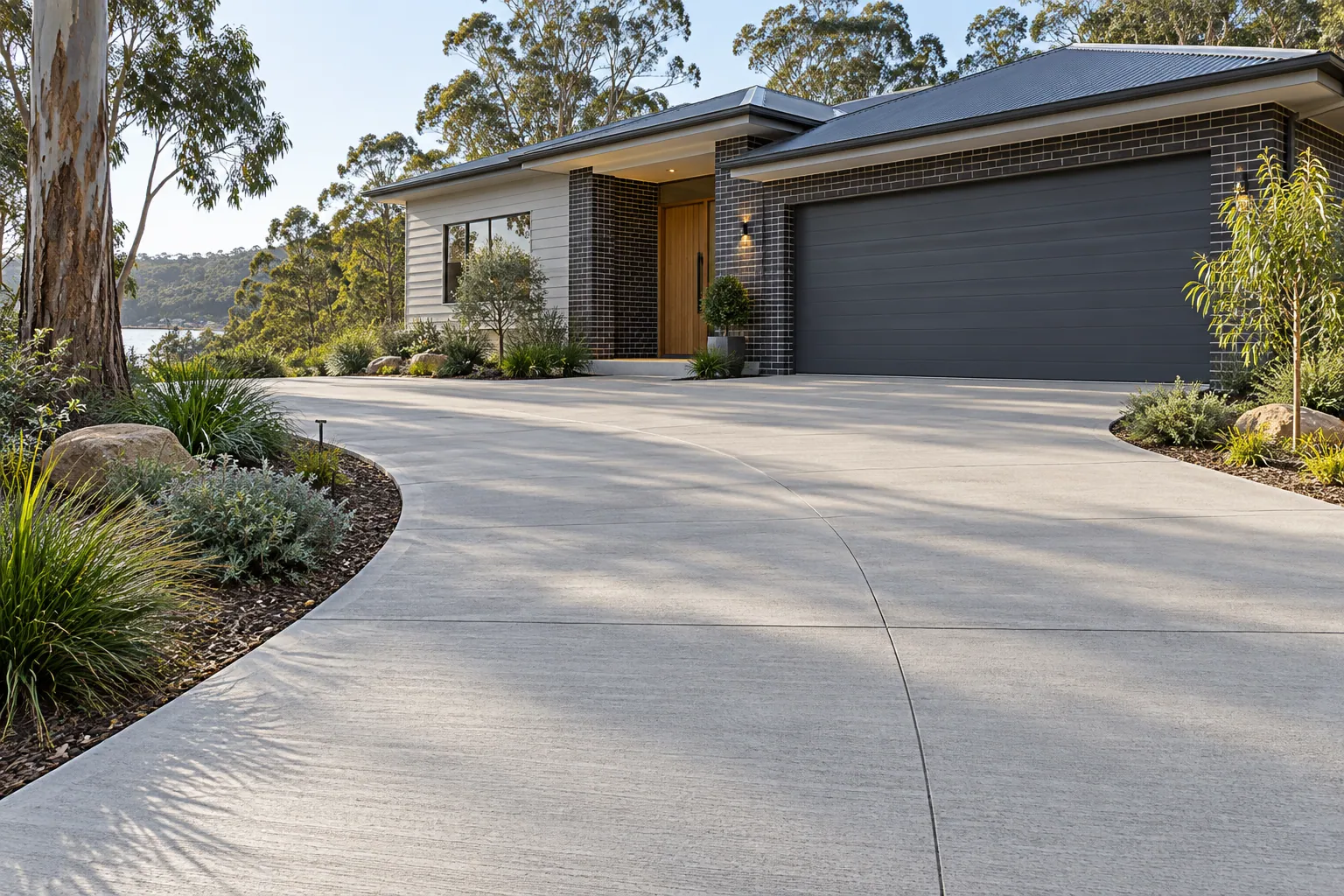 Light grey concrete driveway with control joints approaching a double garage