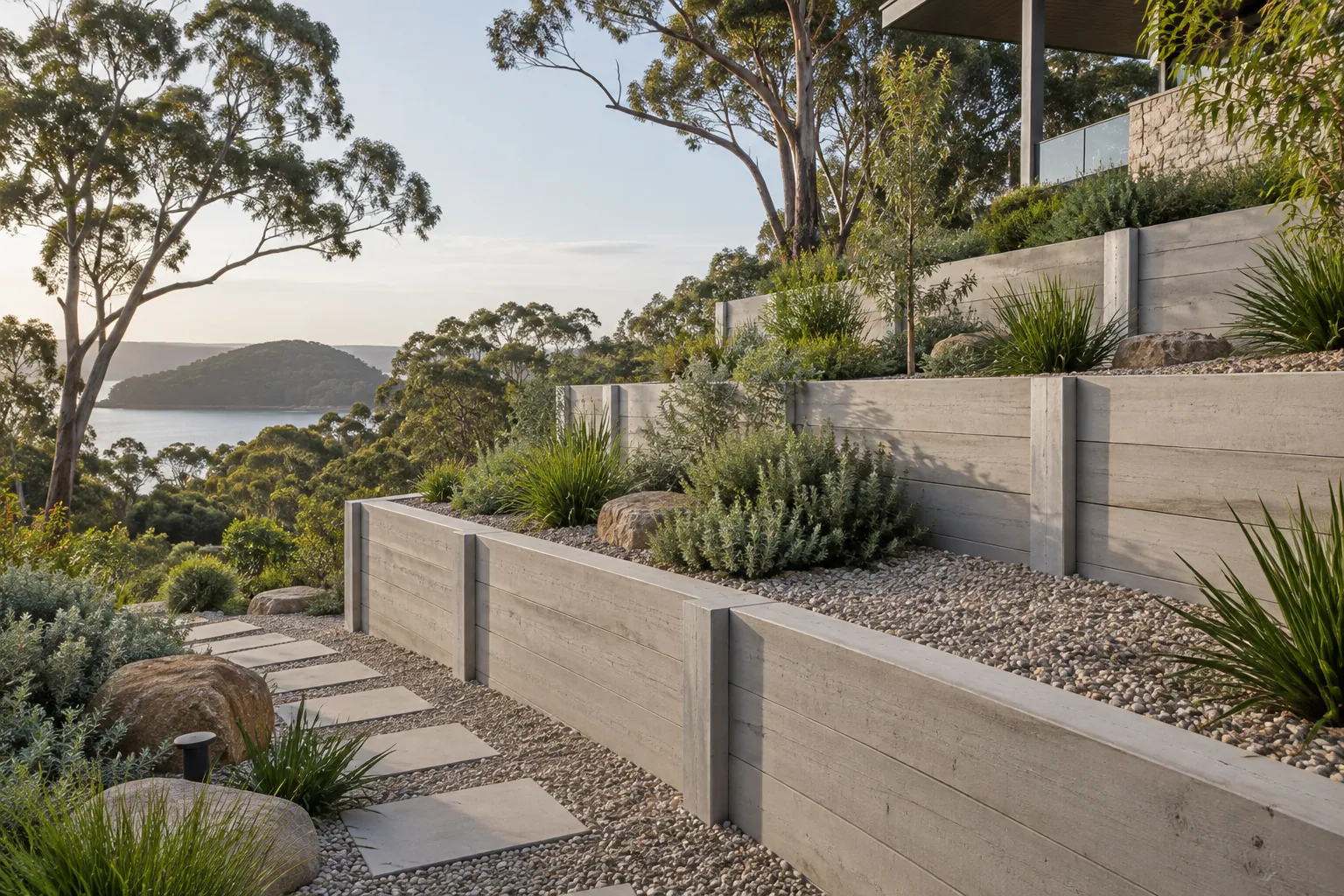Illustrative retaining walls project in an Australian setting