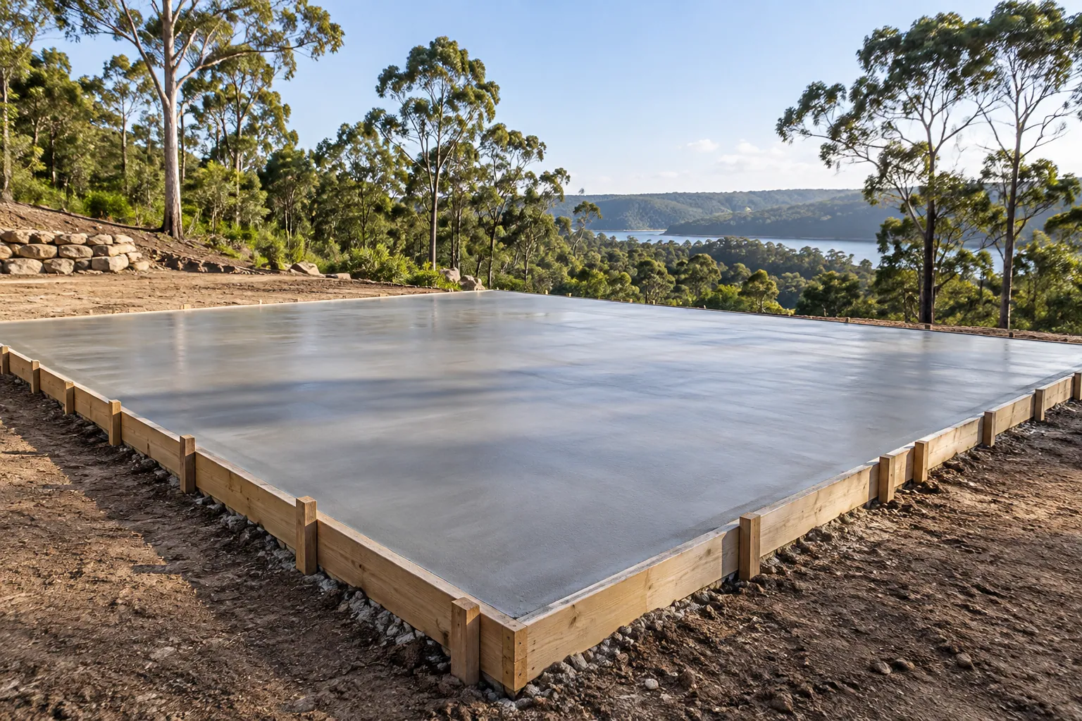 Fresh rectangular concrete slab with timber edge formwork on a residential site