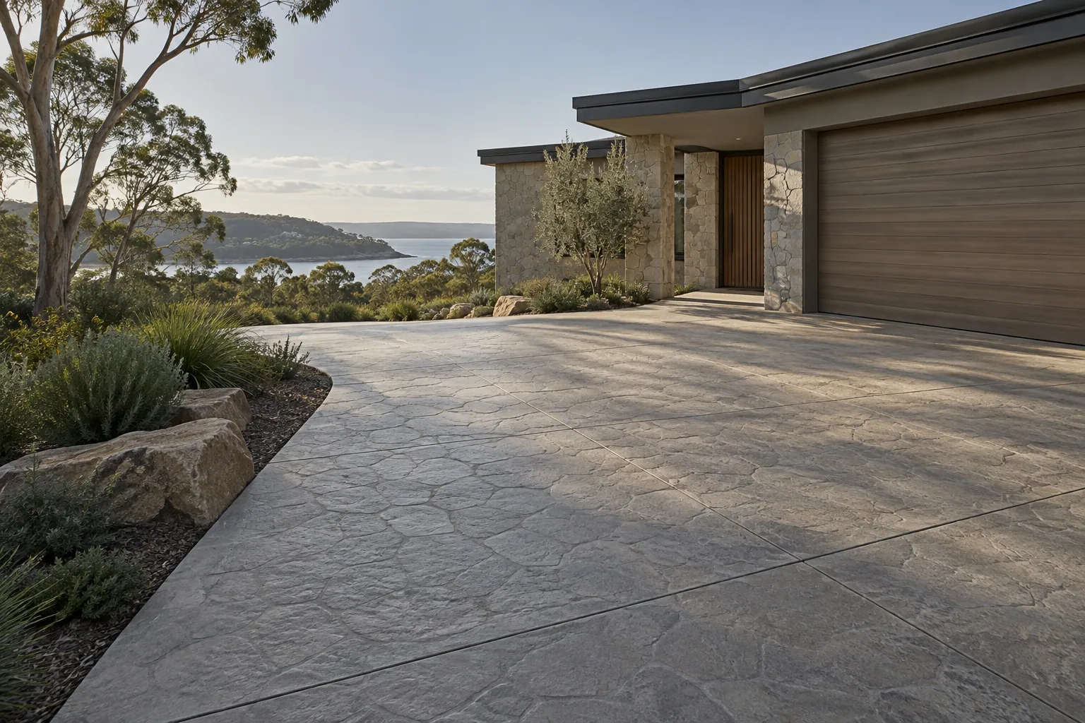 Illustrative stamped concrete driveways project in an Australian setting